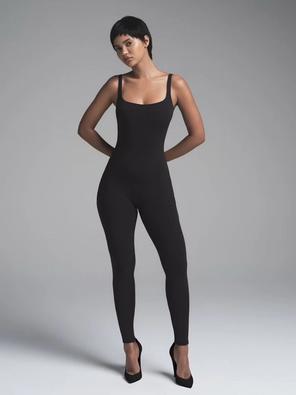 SKIMS Fits Everybody Square Neck Low Back All-In-One Onesie Jumpsuit Onyx